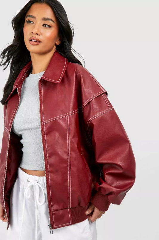 Hot Girl Red Leather Jacket